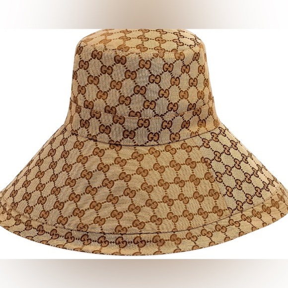 Gucci GG Monogram Bucket Hat Wide Large Brim Beige Canvas Jacquard Sun Coverage - Picture 7 of 16